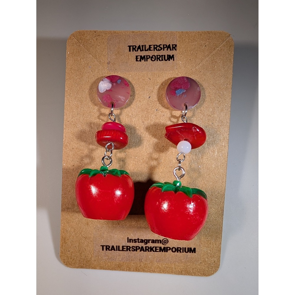 Trailerspark Emporium Tomato Drop Earrings Red Resin Kitsch Nickel Free Handmade
